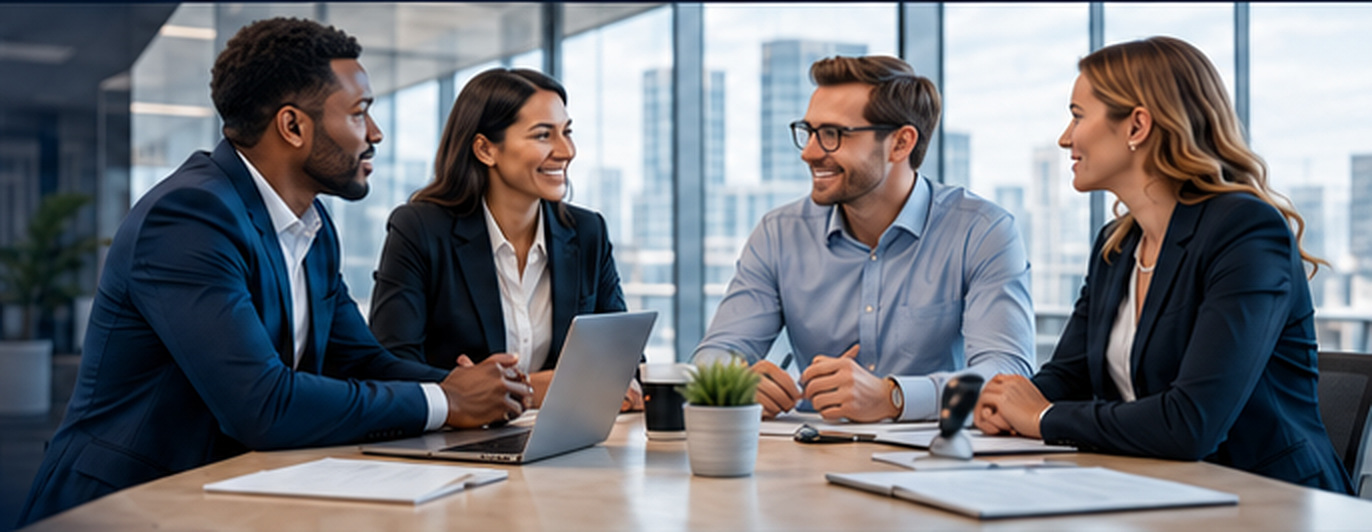 Consultants collaborating with a client in a modern boardroom